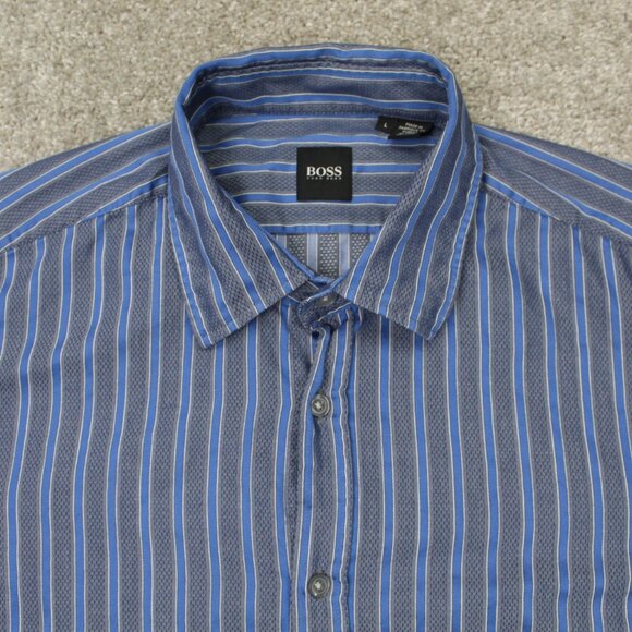 BOSS Hugo Boss Shirt Mens Large Blue/Gray Striped "Lex" Cotton L/S Button Up - Picture 5 of 13